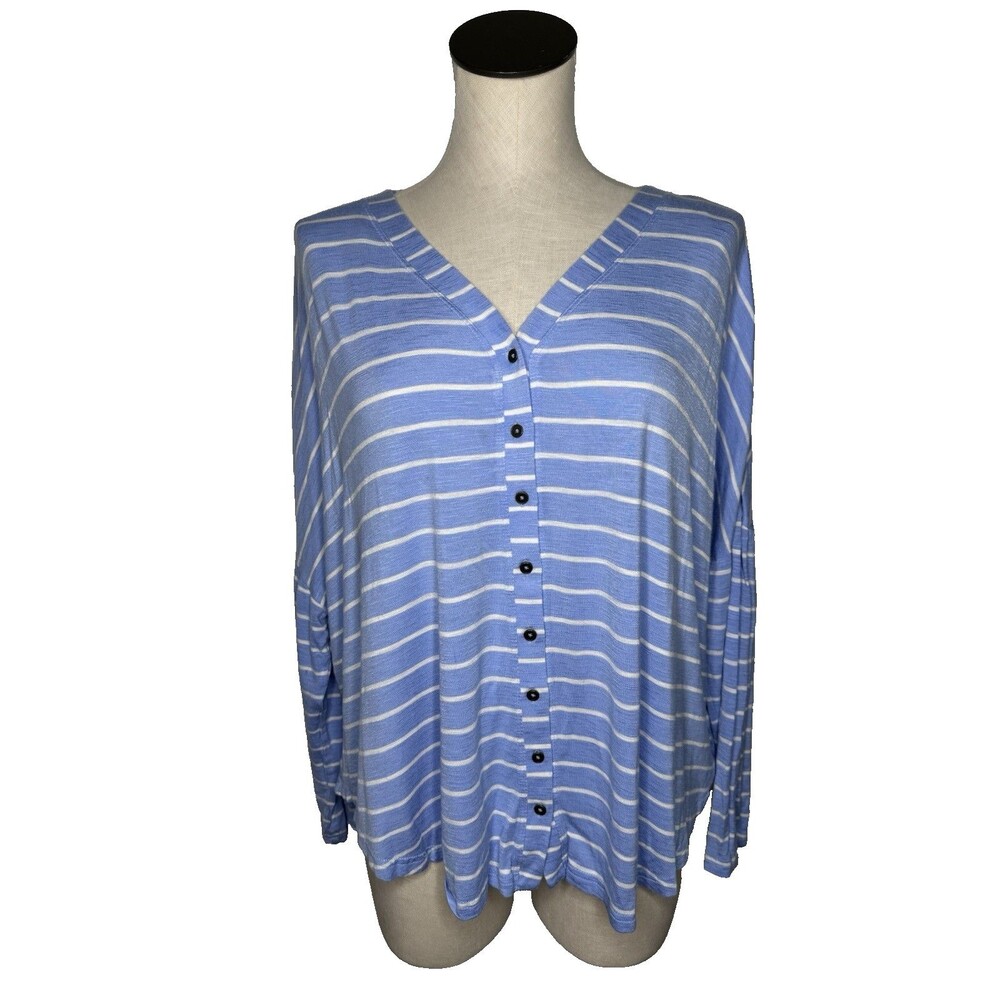 ANA Top Blue Striped V-Neck Button Tunic Shirt 3/4 Sleeve Women's Size Petite X